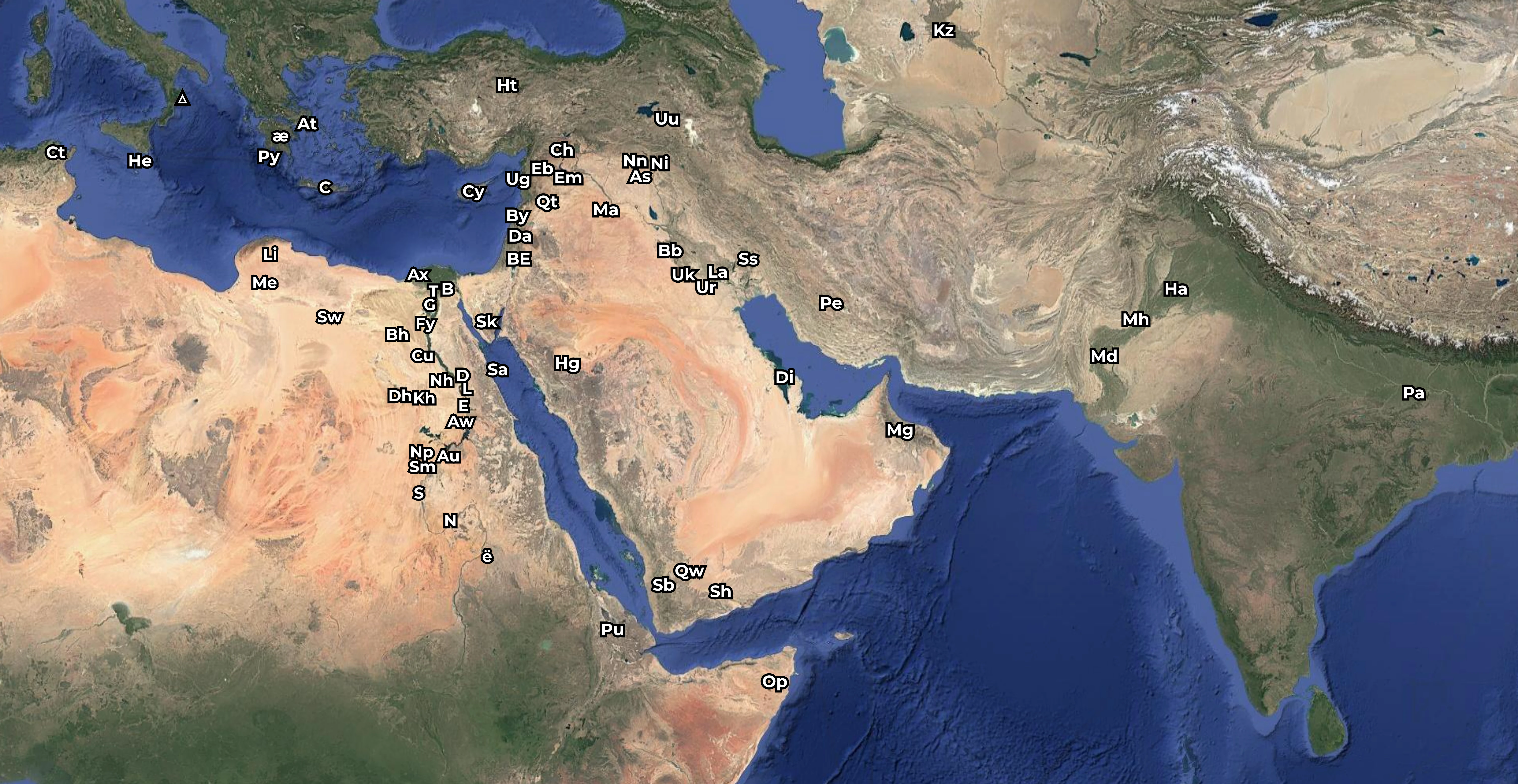 Wider satellite map from the Mediterranean to South Asia with two-letter site markers