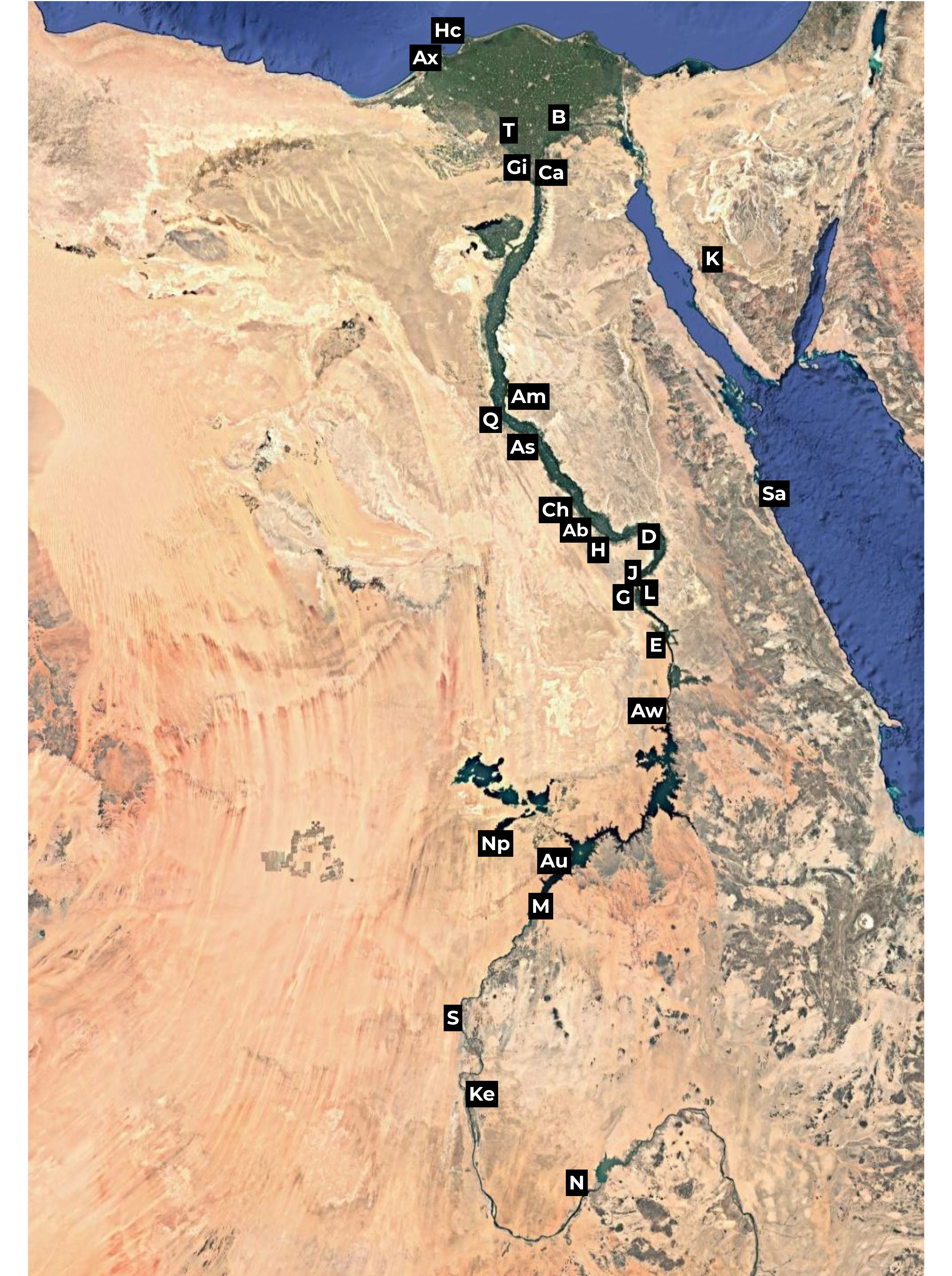Satellite map of Egypt and Nubia with lettered site markers